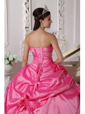 Rose Pink Ball Gown Sweetheart Floor-length Taffeta Beading and Hand Made Flowers Quinceanera Dress