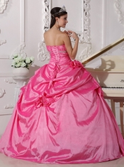 Rose Pink Ball Gown Sweetheart Floor-length Taffeta Beading and Hand Made Flowers Quinceanera Dress