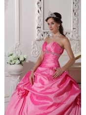 Rose Pink Ball Gown Sweetheart Floor-length Taffeta Beading and Hand Made Flowers Quinceanera Dress