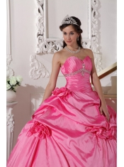 Rose Pink Ball Gown Sweetheart Floor-length Taffeta Beading and Hand Made Flowers Quinceanera Dress