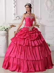 Hot Pink Ball Gown Sweetheart Floor-length Taffeta Beading and Ruch Detachable Quinceanera Dress