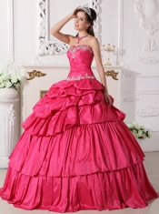 Hot Pink Ball Gown Sweetheart Floor-length Taffeta Beading and Ruch Detachable Quinceanera Dress