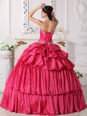 Hot Pink Ball Gown Sweetheart Floor-length Taffeta Beading and Ruch Detachable Quinceanera Dress