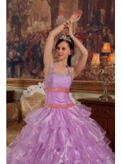 Lavender Ball Gown Halter Floor-length Organza Beading Quinceanera Dress