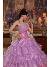 Lavender Ball Gown Halter Floor-length Organza Beading Quinceanera Dress