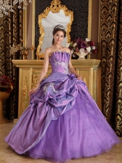 Lavender Ball Gown Strapless Floor-length Appliques Taffeta Quinceanera Dress