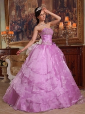 Lavender Ball Gown Strapless Floor-length Organza Beading Quinceanera Dress
