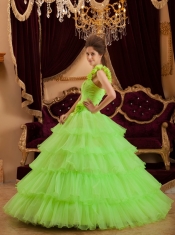 Lemon Green A-line / Princess One Shoulder Floor-length Ruch Quinceanera Dress