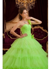 Lemon Green A-line / Princess One Shoulder Floor-length Ruch Quinceanera Dress