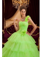 Lemon Green A-line / Princess One Shoulder Floor-length Ruch Quinceanera Dress