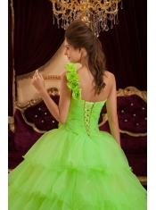 Lemon Green A-line / Princess One Shoulder Floor-length Ruch Quinceanera Dress
