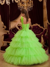 Lemon Green A-line / Princess One Shoulder Floor-length Ruch Quinceanera Dress