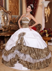 Leopard Print and White Ball Gown Strapless Floor-length Beading Quinceanera Dress