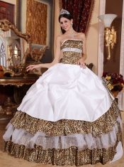 Leopard Print and White Ball Gown Strapless Floor-length Beading Quinceanera Dress