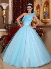 Light Blue A-line One Shoulder Floor-length Tulle Ruch Quinceanera Dress