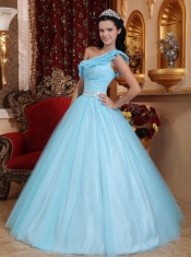 Light Blue A-line One Shoulder Floor-length Tulle Ruch Quinceanera Dress
