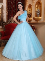 Light Blue A-line One Shoulder Floor-length Tulle Ruch Quinceanera Dress