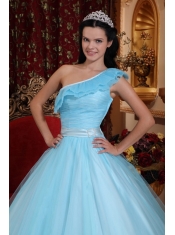 Light Blue A-line One Shoulder Floor-length Tulle Ruch Quinceanera Dress