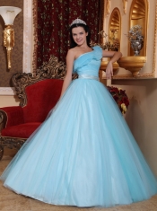 Light Blue A-line One Shoulder Floor-length Tulle Ruch Quinceanera Dress