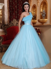 Light Blue A-line One Shoulder Floor-length Tulle Ruch Quinceanera Dress