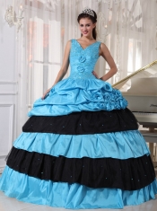 Light Blue and Black Ball Gown V-neck Floor-length Taffeta Beading Quinceanera Dress