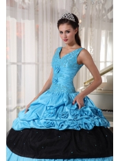 Light Blue and Black Ball Gown V-neck Floor-length Taffeta Beading Quinceanera Dress
