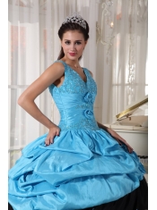 Light Blue and Black Ball Gown V-neck Floor-length Taffeta Beading Quinceanera Dress