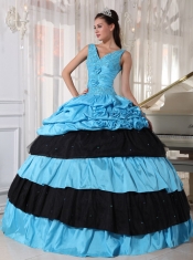 Light Blue and Black Ball Gown V-neck Floor-length Taffeta Beading Quinceanera Dress