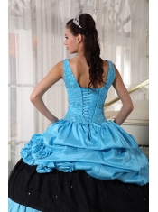 Light Blue and Black Ball Gown V-neck Floor-length Taffeta Beading Quinceanera Dress
