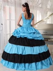 Light Blue and Black Ball Gown V-neck Floor-length Taffeta Beading Quinceanera Dress