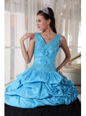 Light Blue and Black Ball Gown V-neck Floor-length Taffeta Beading Quinceanera Dress
