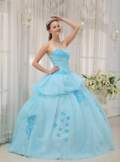 Light Blue Ball Gown Sweetheart Floor-length Organza Appliques Quinceanera Dress