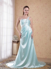 Light Blue Empire One Shoulder Brush / Sweep Elastic Woven Satin Beading Prom Dress