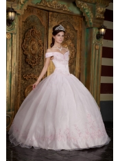 Light Pink Ball Gown Off The Shoulder Floor-length Appliques Organza Quinceanera Dress