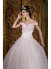 Light Pink Ball Gown Off The Shoulder Floor-length Appliques Organza Quinceanera Dress
