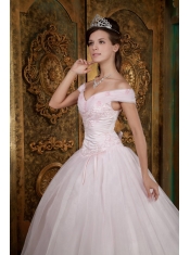 Light Pink Ball Gown Off The Shoulder Floor-length Appliques Organza Quinceanera Dress