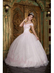 Light Pink Ball Gown Off The Shoulder Floor-length Appliques Organza Quinceanera Dress
