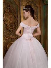Light Pink Ball Gown Off The Shoulder Floor-length Appliques Organza Quinceanera Dress