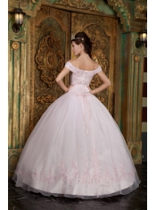 Light Pink Ball Gown Off The Shoulder Floor-length Appliques Organza Quinceanera Dress