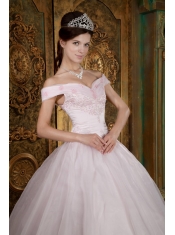 Light Pink Ball Gown Off The Shoulder Floor-length Appliques Organza Quinceanera Dress
