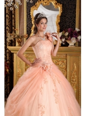 Light Pink Ball Gown One Shoulder Floor-length Appliques Tulle Quinceanera Dress