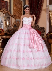 Light Pink Ball Gown Spaghetti Straps Floor-length Organza Embroidery Quinceanera Dress