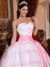 Light Pink Ball Gown Spaghetti Straps Floor-length Organza Embroidery Quinceanera Dress
