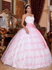Light Pink Ball Gown Spaghetti Straps Floor-length Organza Embroidery Quinceanera Dress