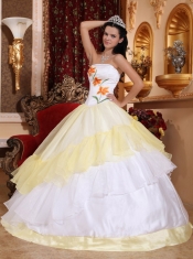 Light Yellow and White Ball Gown Strapless Floor-length Organza Embroidery Quinceanera Dress