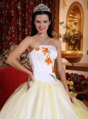 Light Yellow and White Ball Gown Strapless Floor-length Organza Embroidery Quinceanera Dress