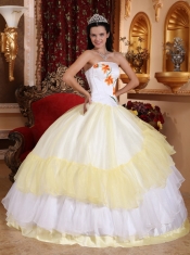 Light Yellow and White Ball Gown Strapless Floor-length Organza Embroidery Quinceanera Dress