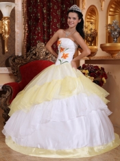 Light Yellow and White Ball Gown Strapless Floor-length Organza Embroidery Quinceanera Dress