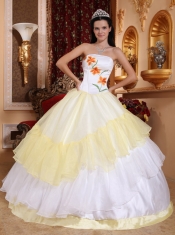 Light Yellow and White Ball Gown Strapless Floor-length Organza Embroidery Quinceanera Dress