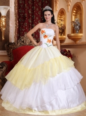 Light Yellow and White Ball Gown Strapless Floor-length Organza Embroidery Quinceanera Dress